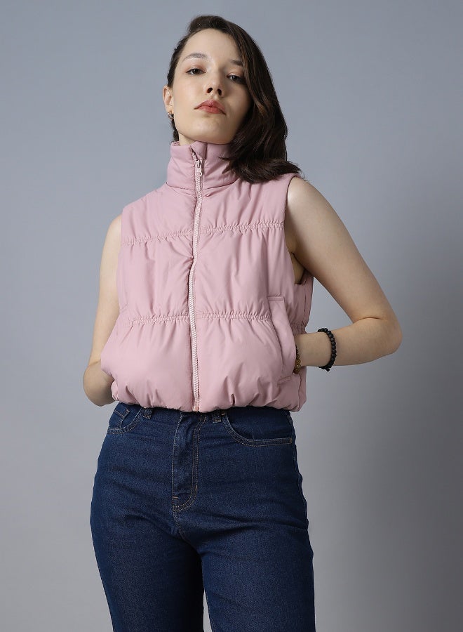 HIGH STAR Women's Pink 100% Polyester Solid Pattern Regular Fit Jacket 