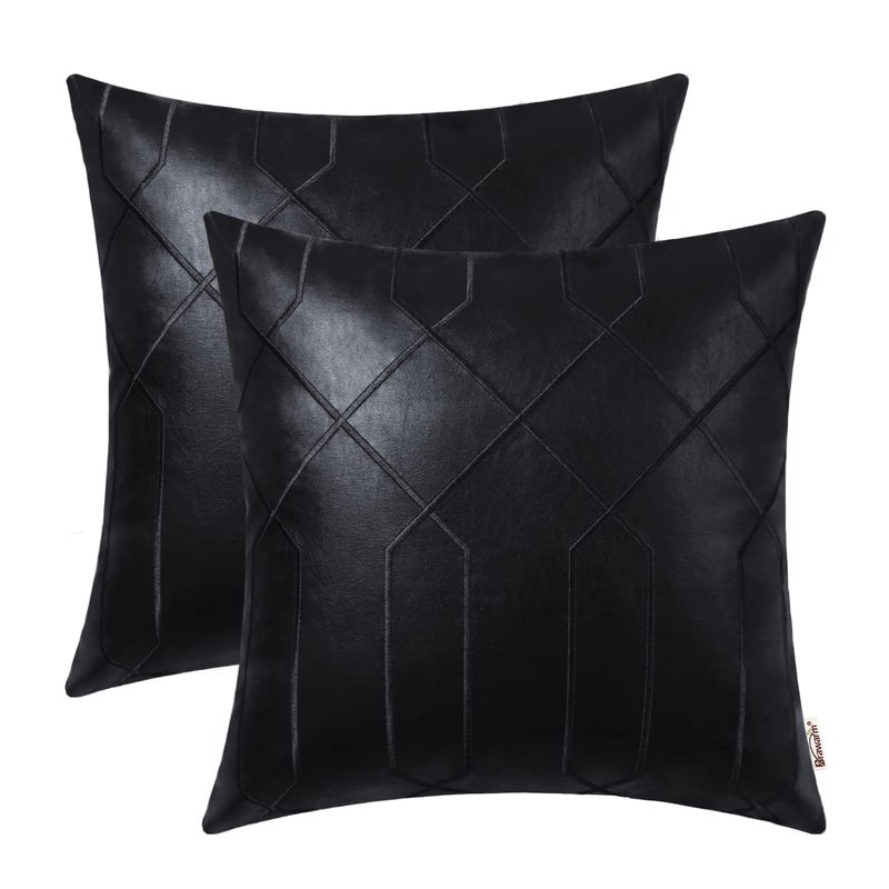 BRAWARM Leather Pillow Covers 18 X 18 Inches Black Faux Leather Pillow Covers Pack of 2 Geometric Embroidery Leather Decorative Throw Pillows for Living Room Couch Bed Sofa Home