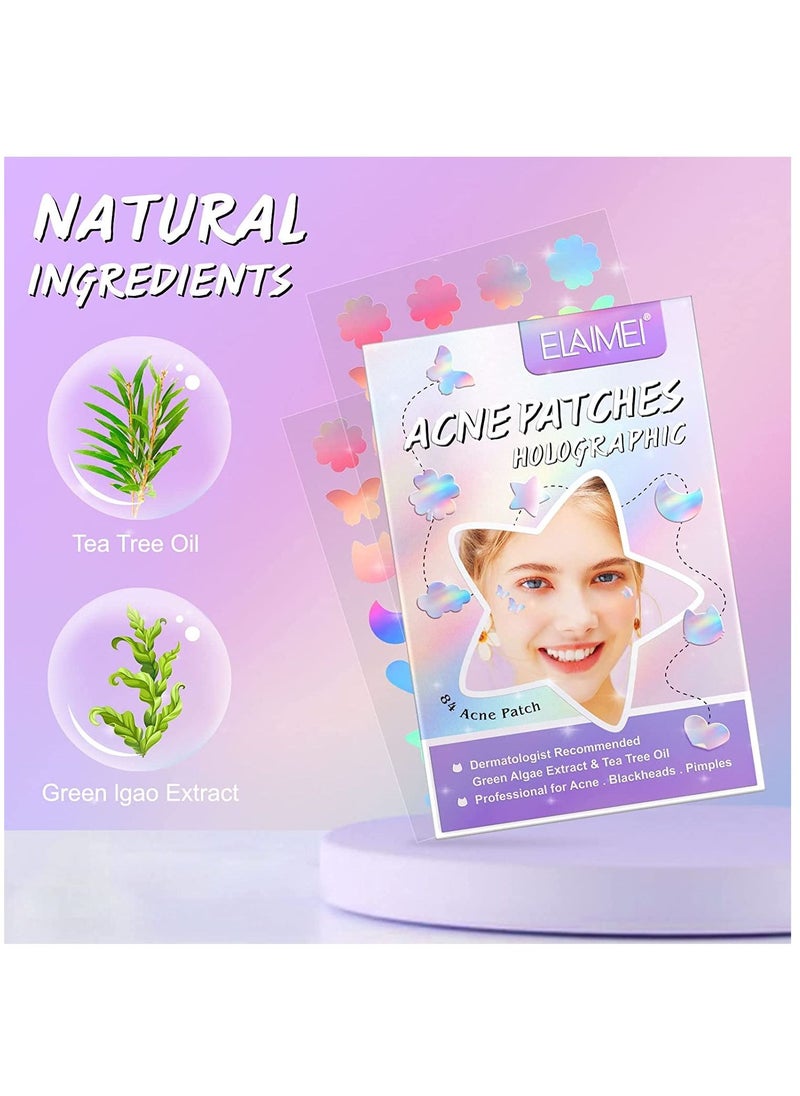 Elaimei 84 Pieces Holographic Acne Patches Easy to Use Quick Healing Pain and Scar Free Patches for Face Promotes Wound Healing Natural Formula Cute Pimple Patches for Women  - Image 3