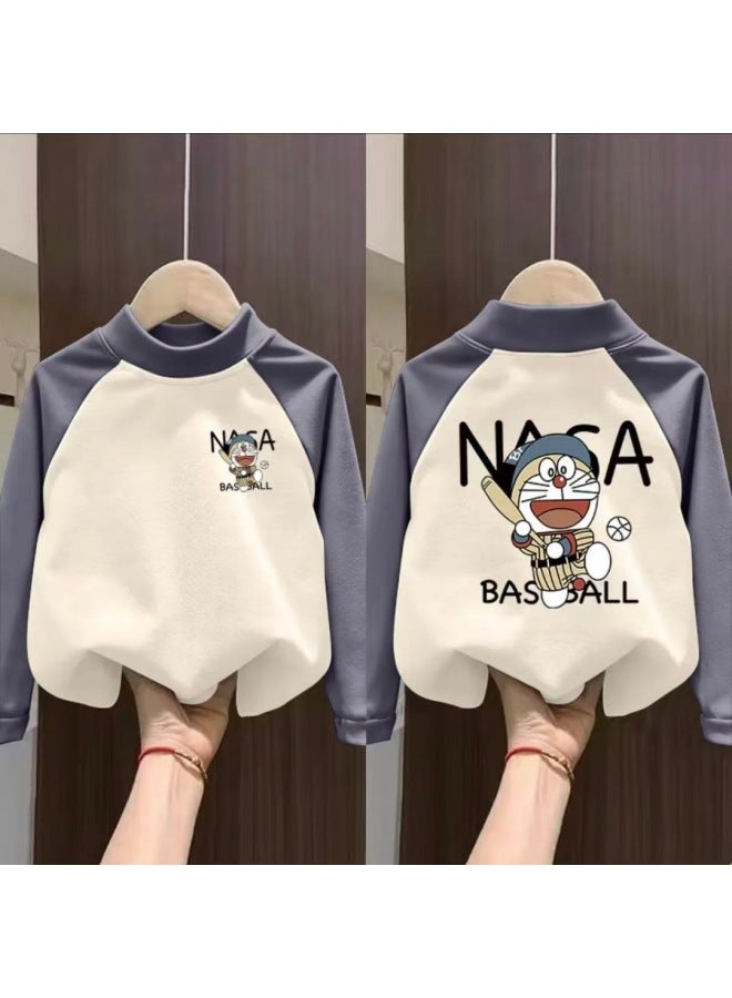 Children's Velvet Base Layer Shirt Winter Warm Top Trendy Autumn & New Style Boys Girls Raglan Splicing Long Sleeve T-shirt - Image 4