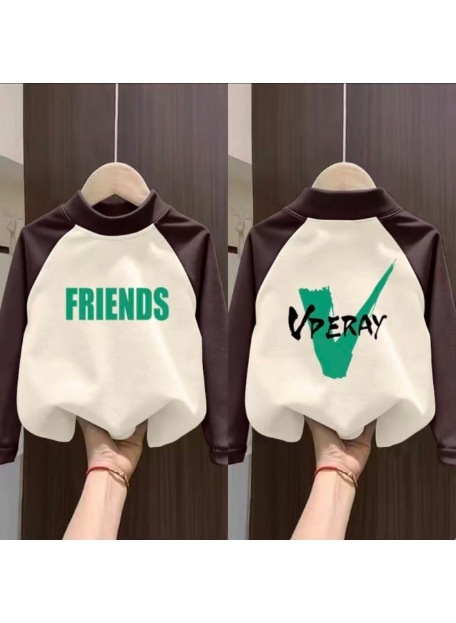Children's Velvet Base Layer Shirt Winter Warm Top Trendy Autumn & New Style Boys Girls Raglan Splicing Long Sleeve T-shirt - Image 3