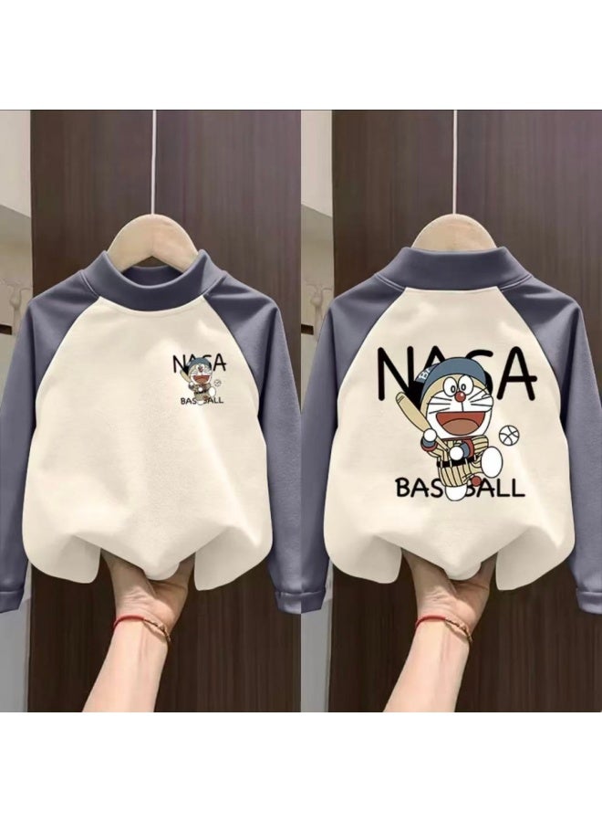 Children's Velvet Base Layer Shirt Winter Warm Top Trendy Autumn & New Style Boys Girls Raglan Splicing Long Sleeve T-shirt - Image 1