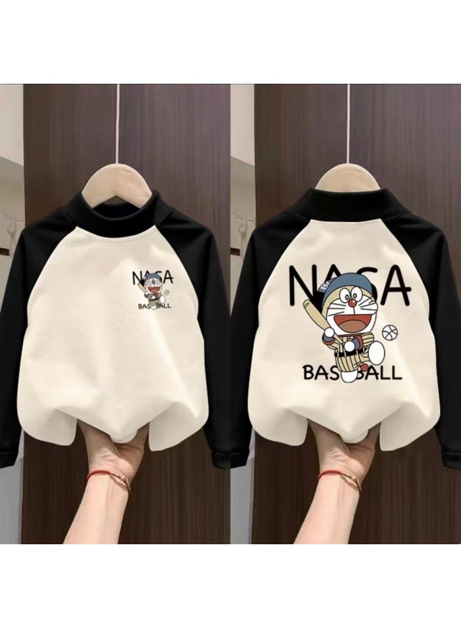 Children's Velvet Base Layer Shirt Winter Warm Top Trendy Autumn & New Style Boys Girls Raglan Splicing Long Sleeve T-shirt - Image 2