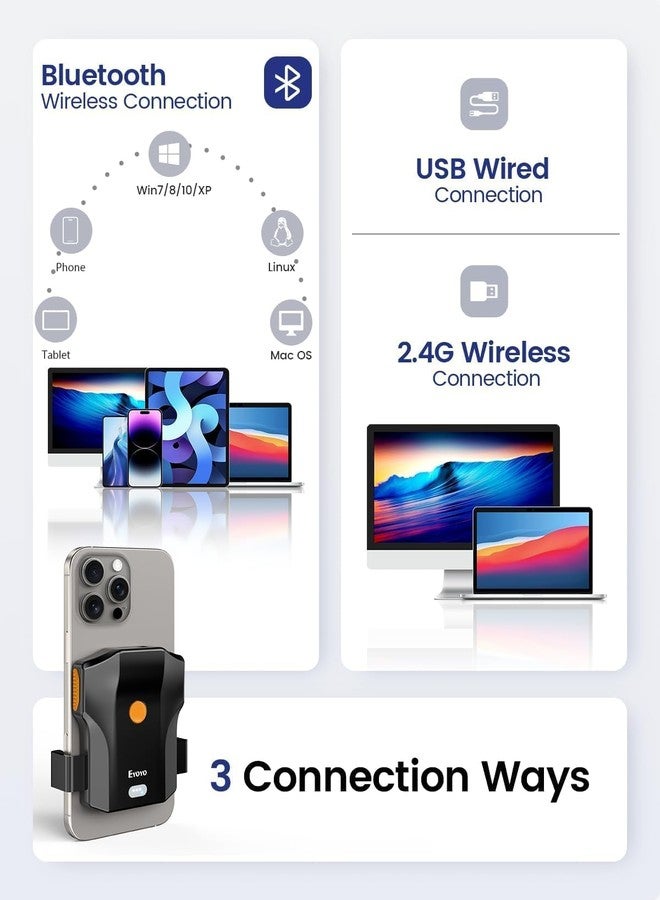 Eyoyo Bluetooth Barcode Scanner Wireless: Portable Phone Back Clip 1D Bar Code Reader for Library, Retail Store, Book Inventory - Fast UPC ISBN Scanner Compatible with 4.7"-7.2" Android Phone, iPhone - Image 2