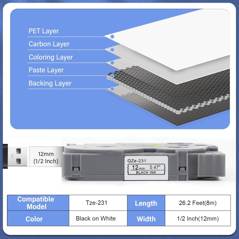Mdmcjmzj 5pack 12mm 0.47'' TZe TZ Tape Laminated White Label Maker Tape Replacement for Brother P Touch Label Tape TZe-231 TZe231 Compatible with Brother PT-D210 PT-D220 PT-H110 PT-D410 PT-P710BT - Image 3