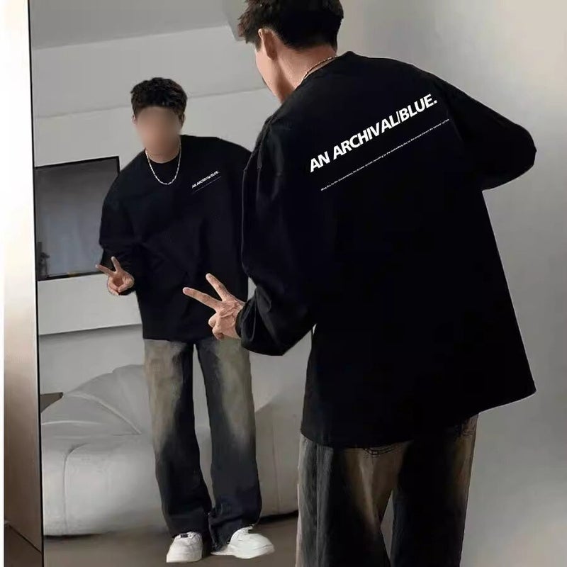 Pure cotton heavyweight American minimalist back print black long-sleeved T-shirt men's autumn and winter trend loose base layer clothes - Image 3