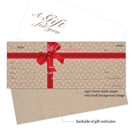IMPACTONLINEPRINTING Blank Gift Certificates Cards with Free Envelopes 25 set with Stub - Red Ribbon Dots on Kraft Image - Gift Certificates for Small Business - Image 2