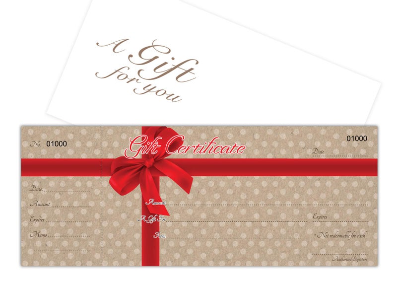 IMPACTONLINEPRINTING Blank Gift Certificates Cards with Free Envelopes 25 set with Stub - Red Ribbon Dots on Kraft Image - Gift Certificates for Small Business - Image 1