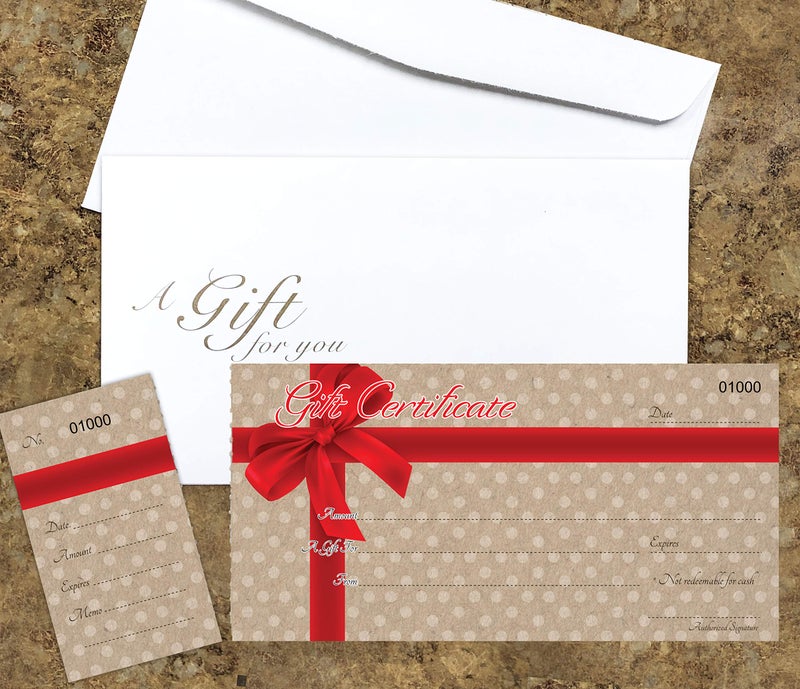 IMPACTONLINEPRINTING Blank Gift Certificates Cards with Free Envelopes 25 set with Stub - Red Ribbon Dots on Kraft Image - Gift Certificates for Small Business - Image 3