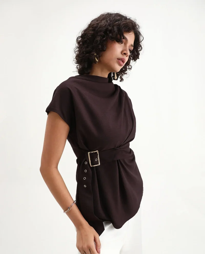 Rareism Women's Solid Cowl Top With Extended Belt