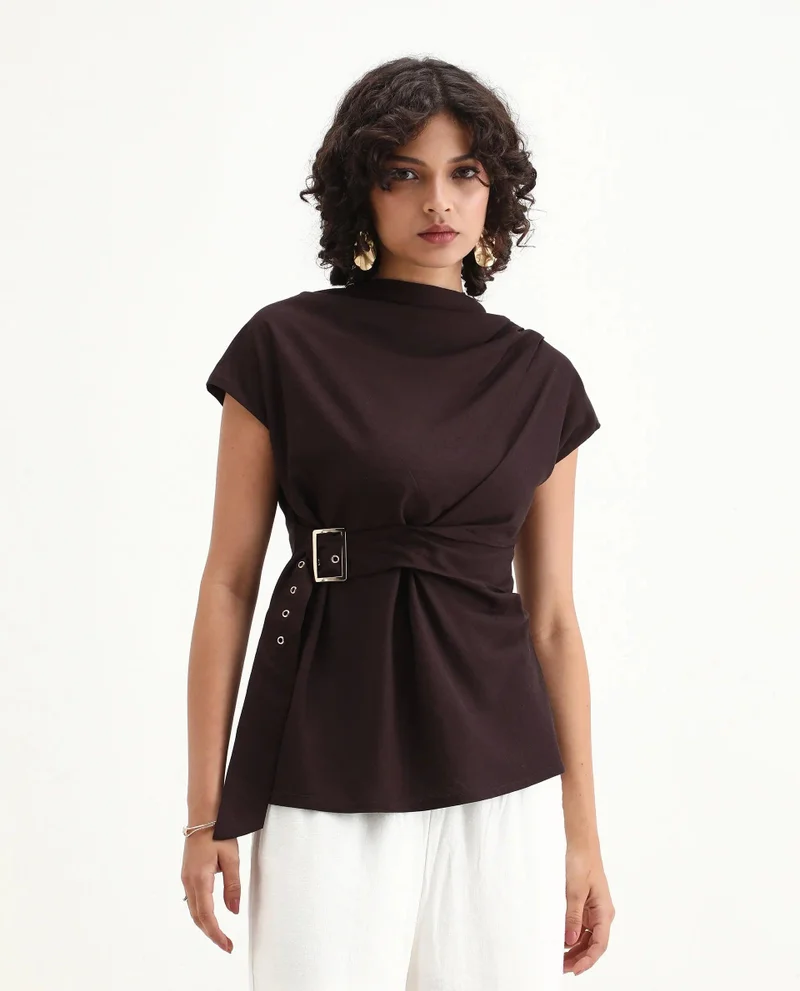 Rareism Women's Solid Cowl Top With Extended Belt