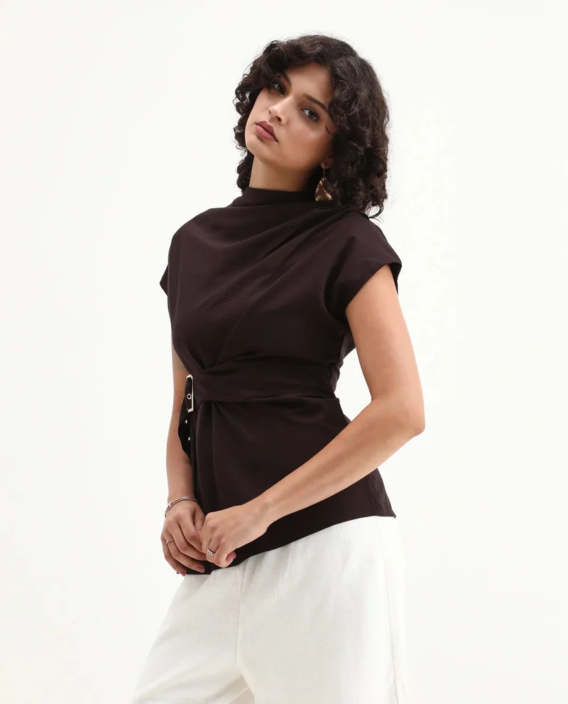 Rareism Women's Solid Cowl Top With Extended Belt
