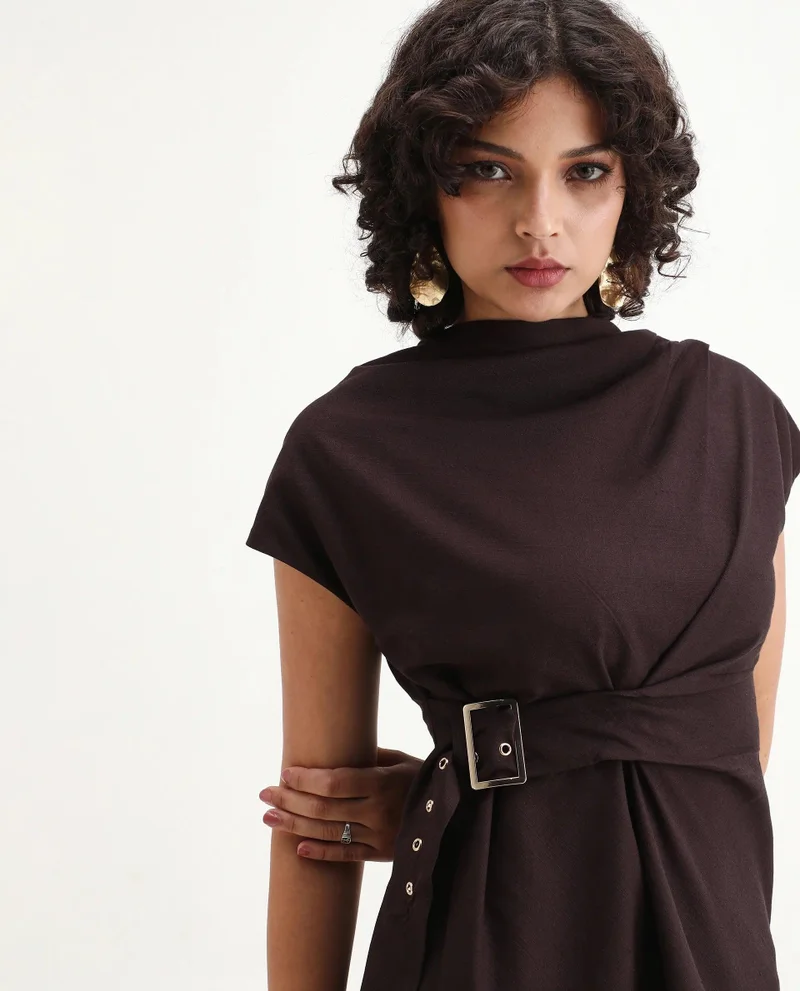 Rareism Women's Solid Cowl Top With Extended Belt