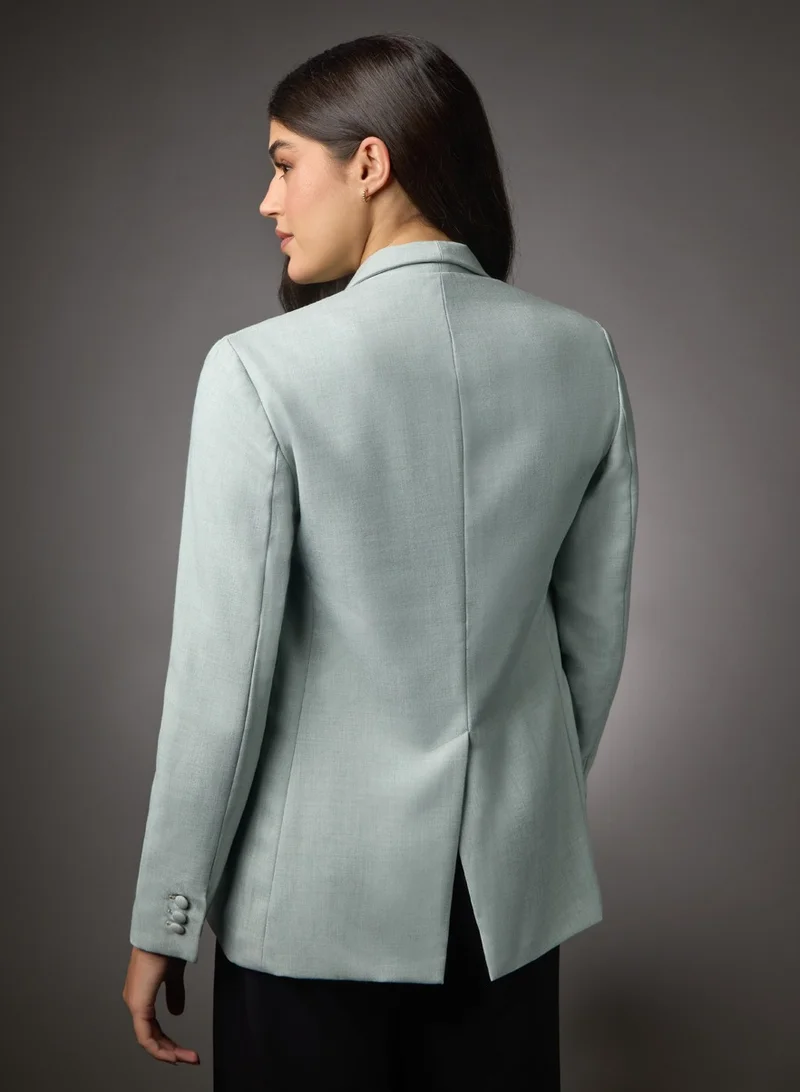 Zigzag Long Sleeve Formal Blazer With Pockets -Light Blue