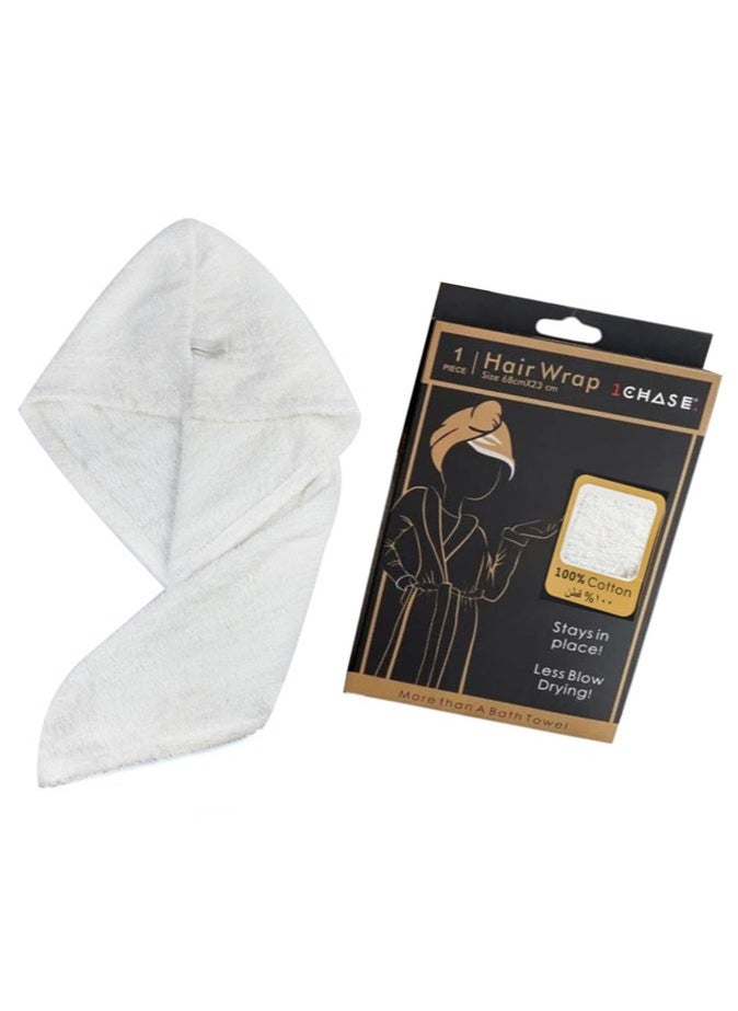 1Chase - 100% Cotton Terry Hair Towel Wrap, White - Image 1