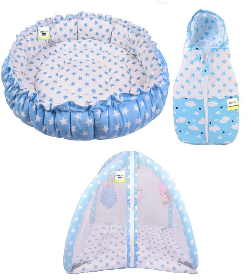 Toddylon Flat Bed Baby Play Gym New Born Baby Bedding | Mat with Hanging Toys | Mattress with Mosquito Net | Cotton Playing Mat | Playmats & Floor Gyms (0-6 Months) (3PCS Set) - Image 2