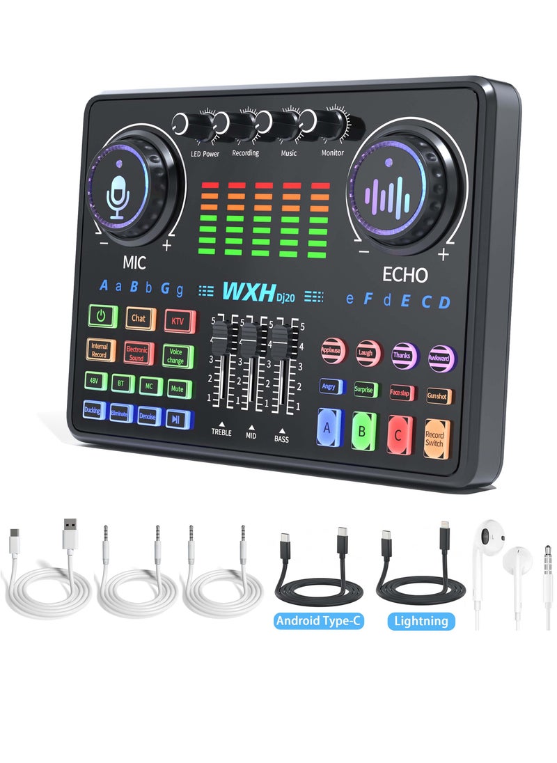 Sunbmebge 48V Live Sound Card Audio Mixer/Podcast Audio Interface with DJ Mixer Effects/Voice Changer with Sound Effects for Karaoke Tiktok YouTube Live Streaming Record Gaming  - Image 1