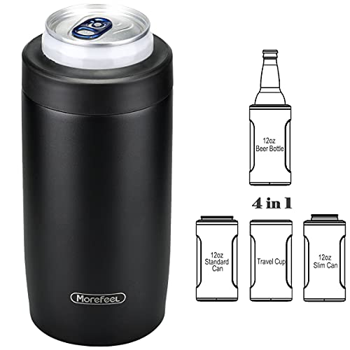 Morefeel 4-in-1 Skinny Can Cooler Double Wall Stainless Steel Insulated Can Holder, Works With 12 Oz Slim Can,Standard Cans,Beer Bottles & As Pint Cups(Black) - Image 1