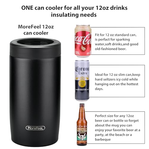 Morefeel 4-in-1 Skinny Can Cooler Double Wall Stainless Steel Insulated Can Holder, Works With 12 Oz Slim Can,Standard Cans,Beer Bottles & As Pint Cups(Black) - Image 3