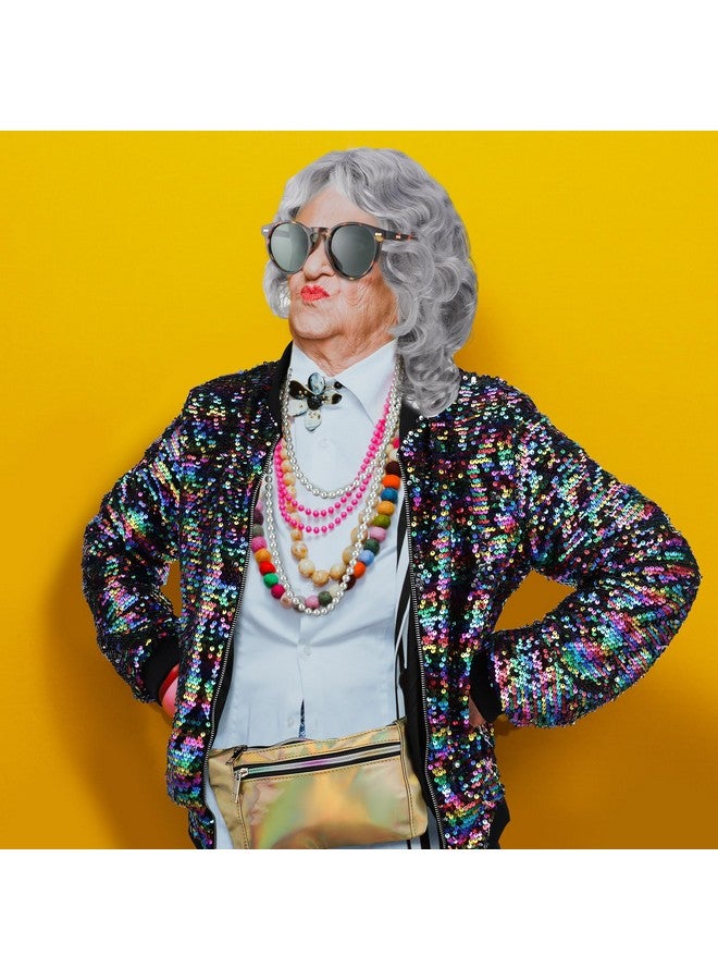 Bonuci Bonuci 5 Pack Grey Old Lady Wig Granny Glasses Sequin Long Sleeve Jacket Laser Bag String of Pearl Necklace for Party Costume  - Image 5