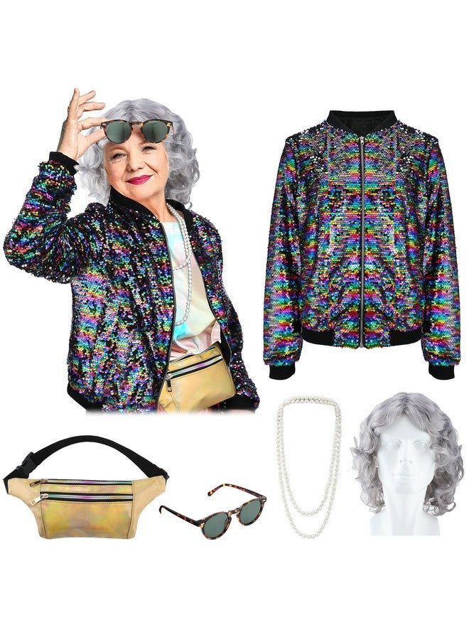 Bonuci Bonuci 5 Pack Grey Old Lady Wig Granny Glasses Sequin Long Sleeve Jacket Laser Bag String of Pearl Necklace for Party Costume  - Image 1
