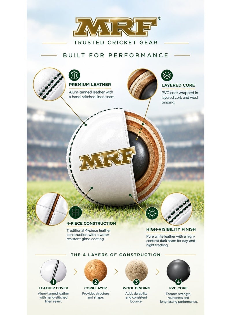 MRF Cricket White Leather Ball Power Edition (Genuine Alum Hide) - Image 4