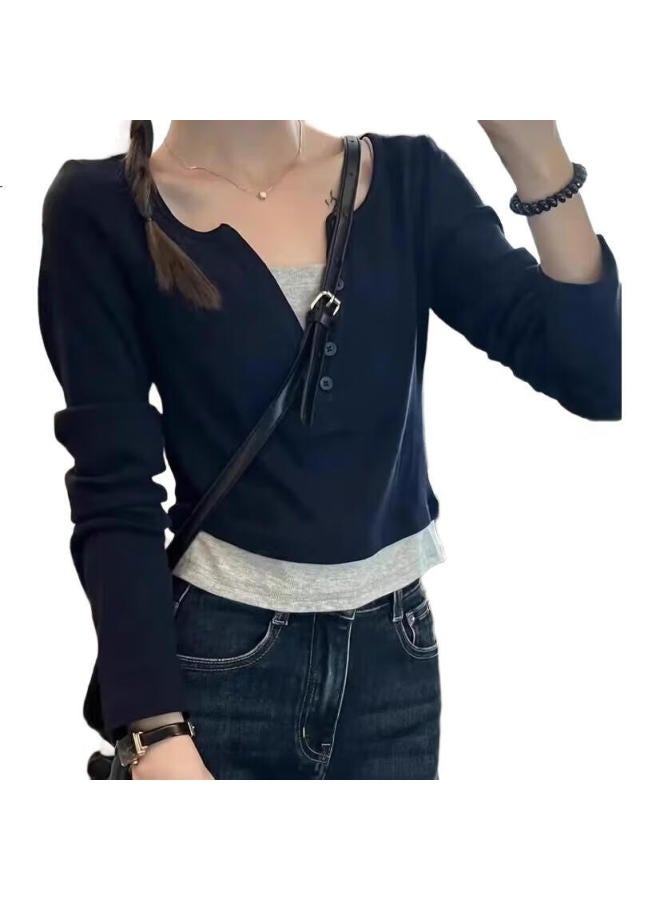 Yuzhaolin Spring Autumn New Fake Two-Piece V-Neck Color-Blocked Slim Fit Long Sleeve T-Shirt Top - Image 2