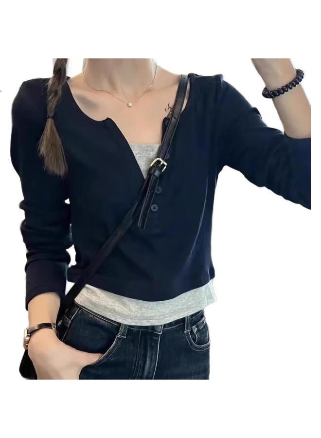 Yuzhaolin Spring Autumn New Fake Two-Piece V-Neck Color-Blocked Slim Fit Long Sleeve T-Shirt Top - Image 1