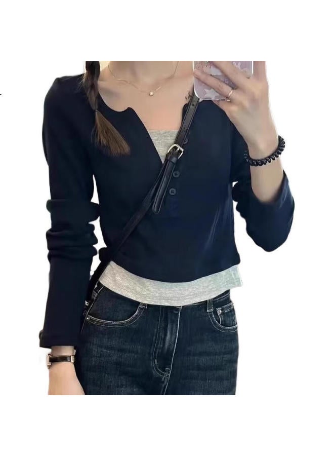 Yuzhaolin Spring Autumn New Fake Two-Piece V-Neck Color-Blocked Slim Fit Long Sleeve T-Shirt Top - Image 3