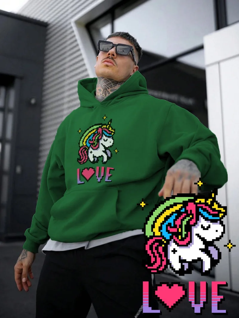 DogFish Women, Men's Sweatshirt Unicorn Cute Love Rainbow Pixel Art Printed Thick Green Lover Sweatshirt