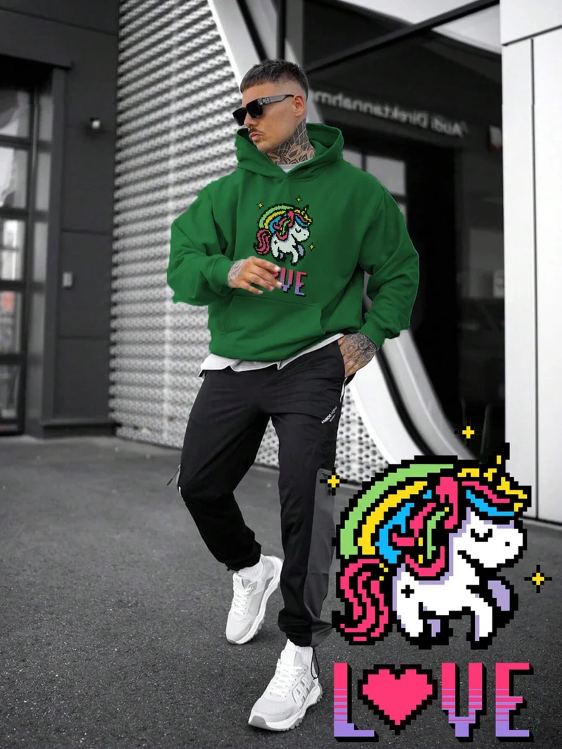 DogFish Women, Men's Sweatshirt Unicorn Cute Love Rainbow Pixel Art Printed Thick Green Lover Sweatshirt