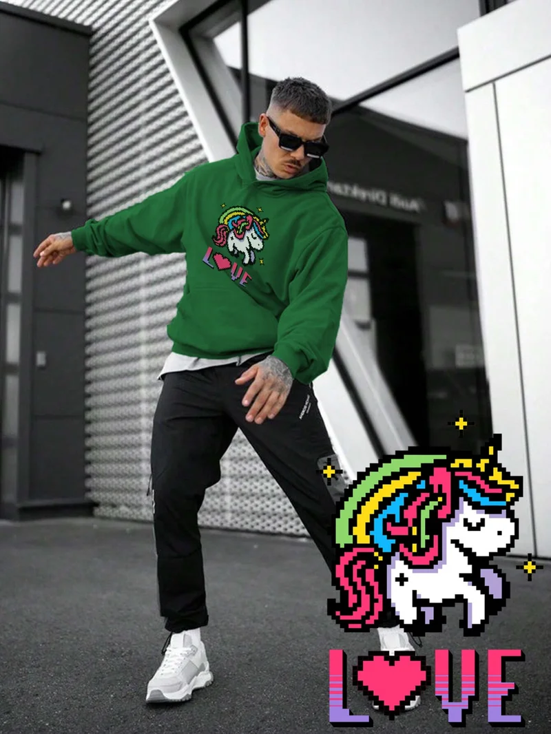 DogFish Women, Men's Sweatshirt Unicorn Cute Love Rainbow Pixel Art Printed Thick Green Lover Sweatshirt