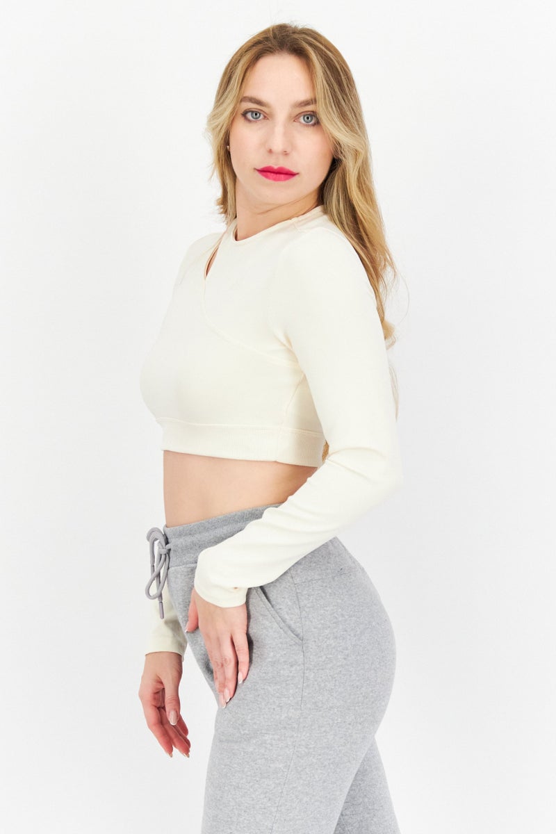 Adidas Women Sportswear Fit Cut Out Detail Long Sleeves Training Crop Top, Beige - Image 4