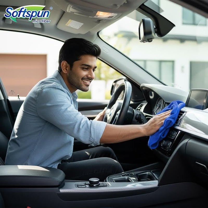 سوفتسبون مناديل قطن دقيق من SOFTSPUN، 4 قطع، مقاس 40×40 سم، وزن 340 جرام/متر مربع، بلون أزرق، سميكة ولا تترك خطوط أثناء الاستخدام، متعددة الاستخدامات، مناسبة لتنظيف وتلميع وغسيل السيارات والدراجات. - Image 2