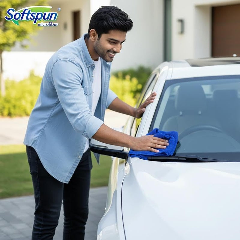 سوفتسبون مناديل قطن دقيق من SOFTSPUN، 4 قطع، مقاس 40×40 سم، وزن 340 جرام/متر مربع، بلون أزرق، سميكة ولا تترك خطوط أثناء الاستخدام، متعددة الاستخدامات، مناسبة لتنظيف وتلميع وغسيل السيارات والدراجات. - Image 5