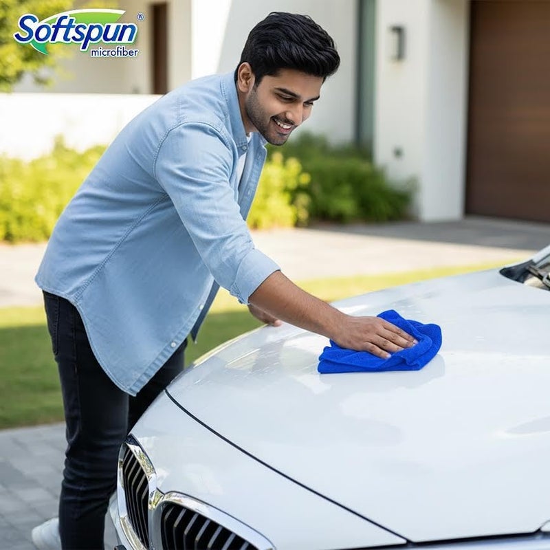 سوفتسبون مناديل قطن دقيق من SOFTSPUN، 4 قطع، مقاس 40×40 سم، وزن 340 جرام/متر مربع، بلون أزرق، سميكة ولا تترك خطوط أثناء الاستخدام، متعددة الاستخدامات، مناسبة لتنظيف وتلميع وغسيل السيارات والدراجات. - Image 3