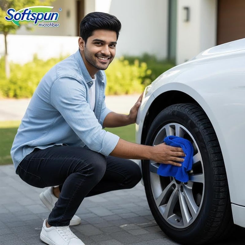 سوفتسبون مناديل قطن دقيق من SOFTSPUN، 4 قطع، مقاس 40×40 سم، وزن 340 جرام/متر مربع، بلون أزرق، سميكة ولا تترك خطوط أثناء الاستخدام، متعددة الاستخدامات، مناسبة لتنظيف وتلميع وغسيل السيارات والدراجات. - Image 4