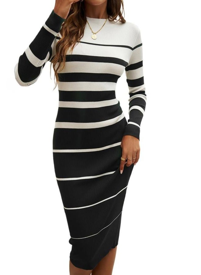 Sumleno 2024 Women's Fashion Striped Dress Long Sleeve Crew Neck Bodycon Midi Dress Ribbed Knit Slim Fit Sweater Dress (Black,M) - Image 1