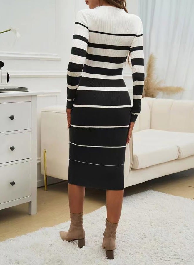 Sumleno 2024 Women's Fashion Striped Dress Long Sleeve Crew Neck Bodycon Midi Dress Ribbed Knit Slim Fit Sweater Dress (Black,M) - Image 4