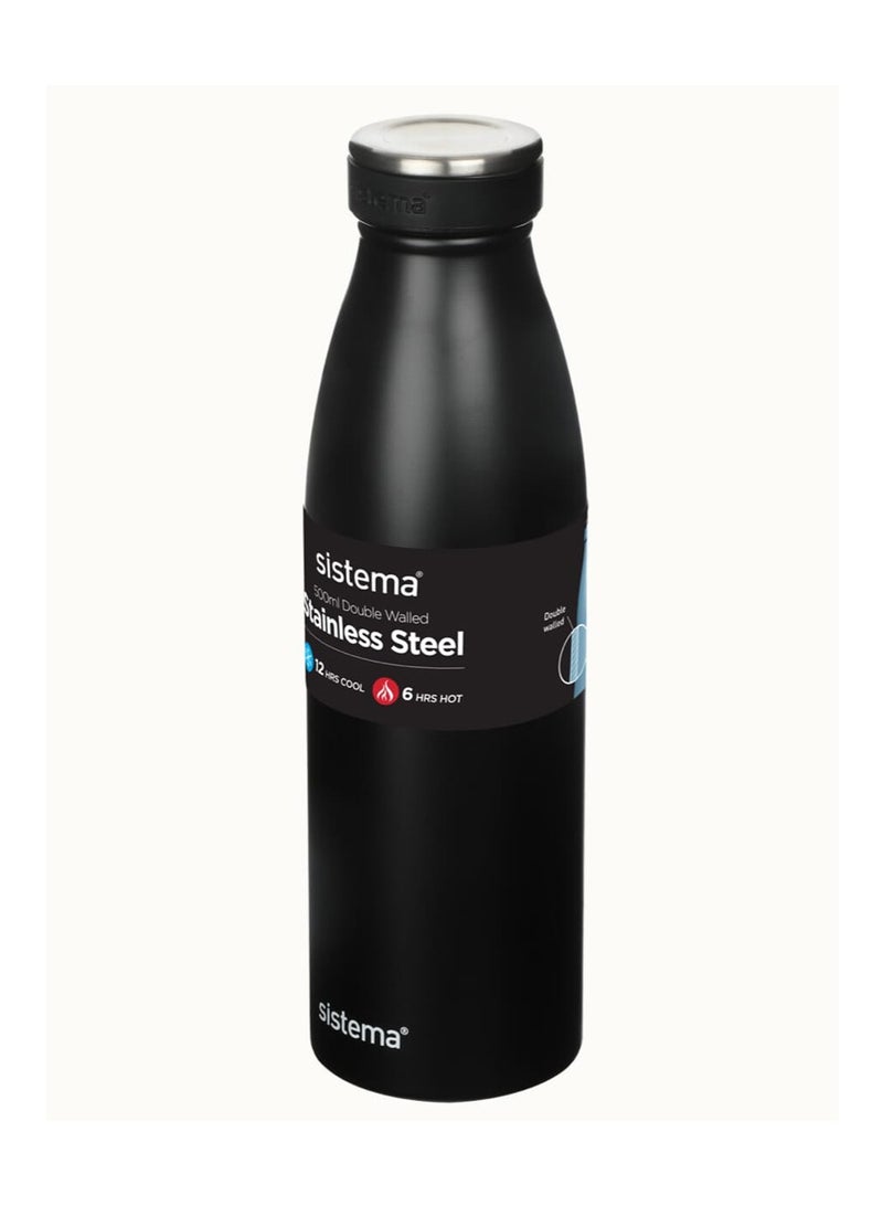 Sistema 500ML Stainless Steel Water Bottle, BPA Free Reusable Leak-Proof Bottle, Durable Single Wall Stainless Steel Flask for School, Kids, Adults, Office, Gym, Travel & Everyday Hydration - Black - Image 1