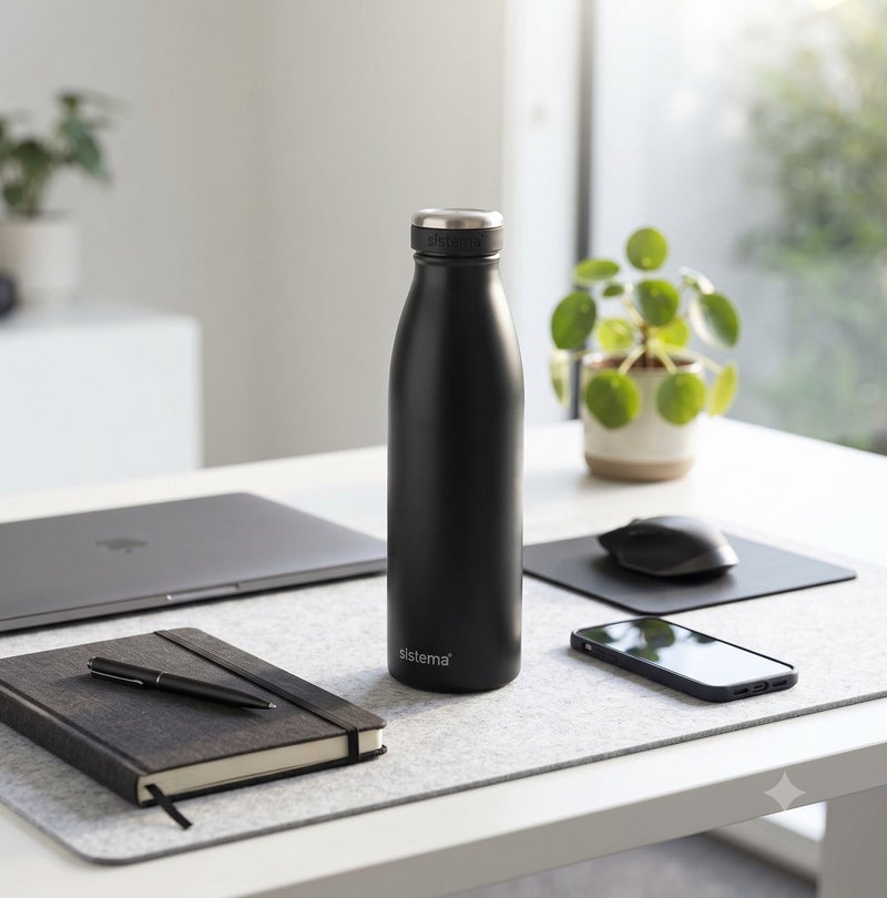 Sistema 500ML Stainless Steel Water Bottle, BPA Free Reusable Leak-Proof Bottle, Durable Single Wall Stainless Steel Flask for School, Kids, Adults, Office, Gym, Travel & Everyday Hydration - Black - Image 4