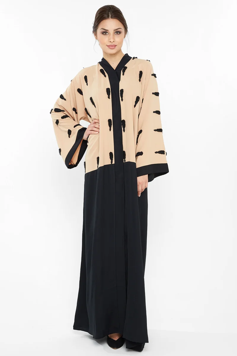 A casual abaya in cream with black floral embroidery detail-Aj395A