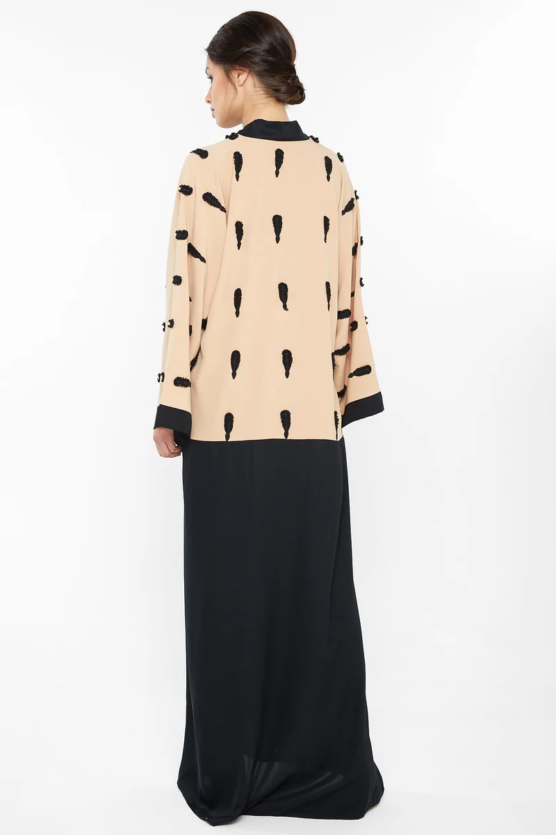 Nukhbaa  A casual abaya in cream with black floral embroidery detail-Aj395A for Women | Best Price UAE