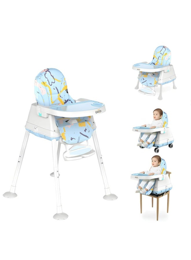 High Chair for Kids, 4 in 1 Baby Dining Chair, Booster Seat for Feeding Toddlers with Non-Slip Feet, Adjustable Legs, Tray, Wheels, Safety Harness and Cushion Code (FKT2-2 ) Printed BLUE - Image 1