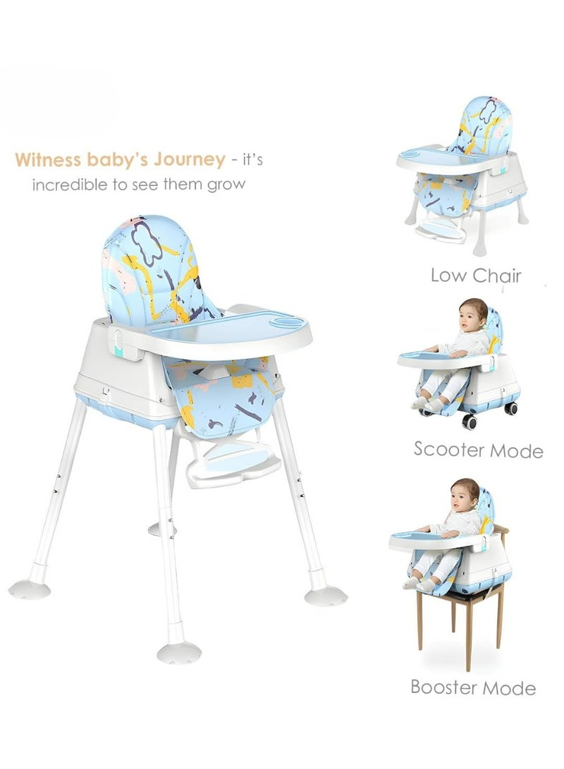 High Chair for Kids, 4 in 1 Baby Dining Chair, Booster Seat for Feeding Toddlers with Non-Slip Feet, Adjustable Legs, Tray, Wheels, Safety Harness and Cushion Code (FKT2-2 ) Printed BLUE - Image 5