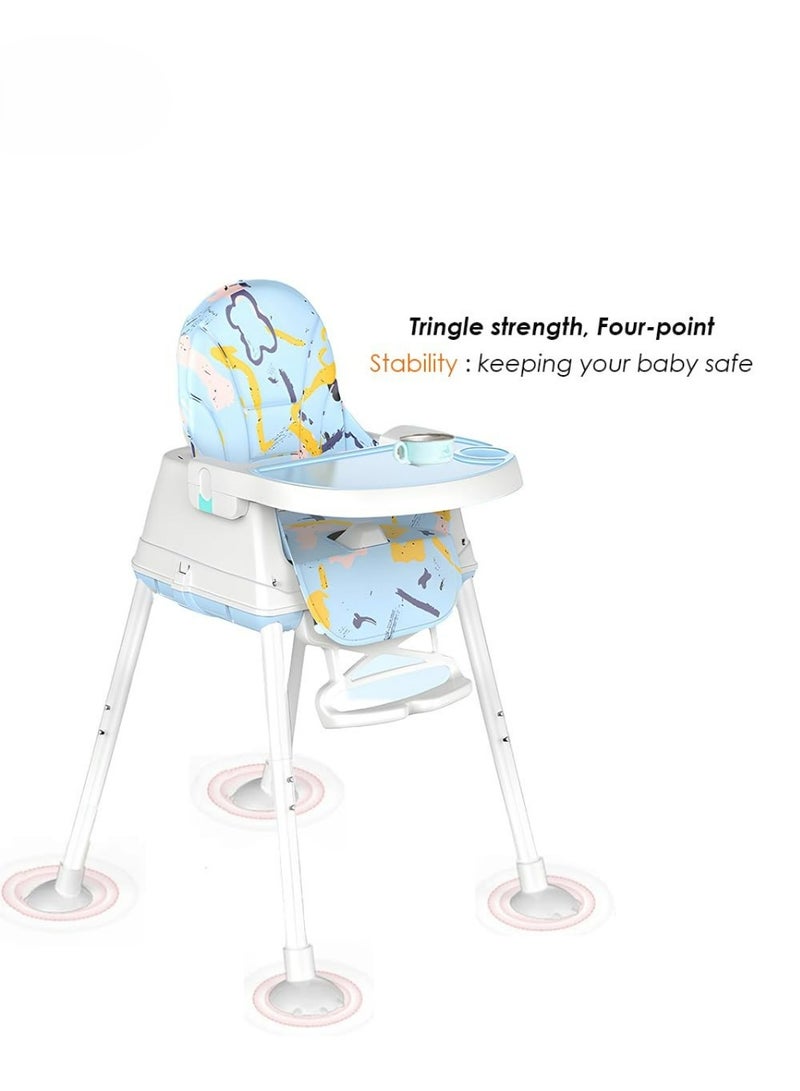 High Chair for Kids, 4 in 1 Baby Dining Chair, Booster Seat for Feeding Toddlers with Non-Slip Feet, Adjustable Legs, Tray, Wheels, Safety Harness and Cushion Code (FKT2-2 ) Printed BLUE - Image 3