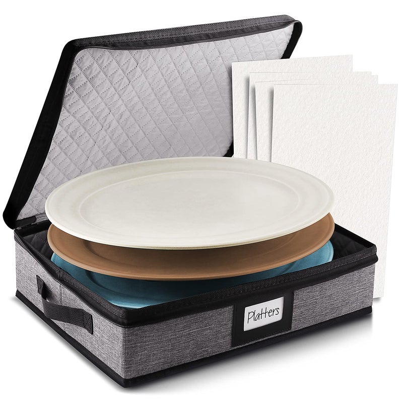 STORAGEBUD Platter Storage Case, Fine China Storage Containers Hard Shell, Quilted and Stackable 16â€x 12.5â€x 3.5â€ Platter Storage Container with Zipper, Handles and Felt Dividers for Moving and Seasonal Storage - Image 1