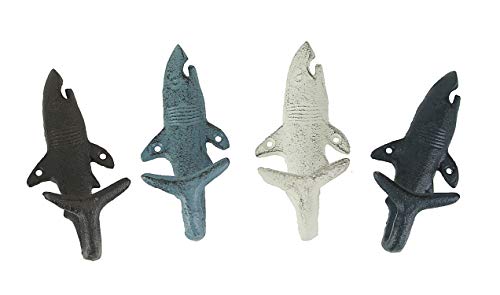 Zeckos Set of 4 Cast Iron Shark Tail Wall Hooks - Nautical Beach-Themed Bathroom Towel and Coat Hanging Decor - Functional and Colorful Stylish Coastal Charm - Image 1
