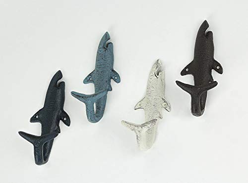 Zeckos Set of 4 Cast Iron Shark Tail Wall Hooks - Nautical Beach-Themed Bathroom Towel and Coat Hanging Decor - Functional and Colorful Stylish Coastal Charm - Image 2