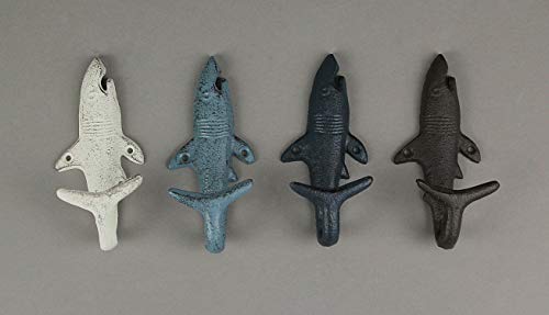 Zeckos Set of 4 Cast Iron Shark Tail Wall Hooks - Nautical Beach-Themed Bathroom Towel and Coat Hanging Decor - Functional and Colorful Stylish Coastal Charm - Image 3